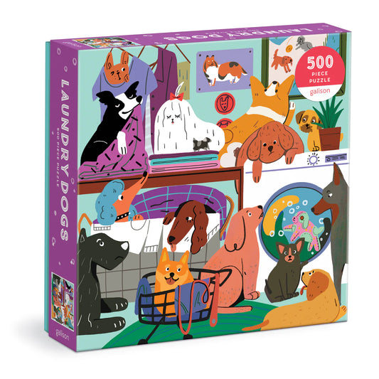 Galison 500-piece puzzle featuring funny illustrated dogs in a colorful laundry room scene