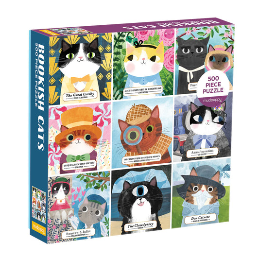 500-piece puzzle by Mudpuppy featuring 9 illustrated cats dressed as literary characters in a colorful book-themed collage
