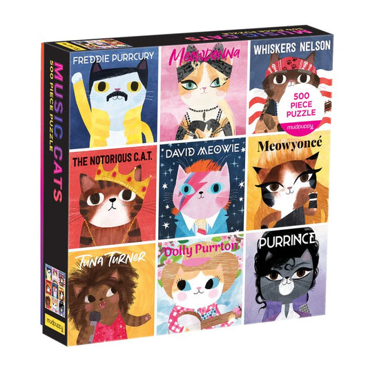 500-piece puzzle by Mudpuppy featuring illustrated cats dressed as famous music icons in a colorful pop-art style
