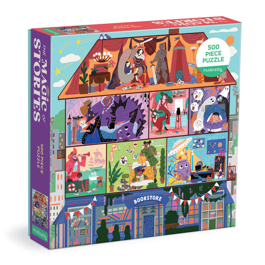 500-piece puzzle by Mudpuppy showing a colorful multi-story bookstore with imaginative scenes and characters