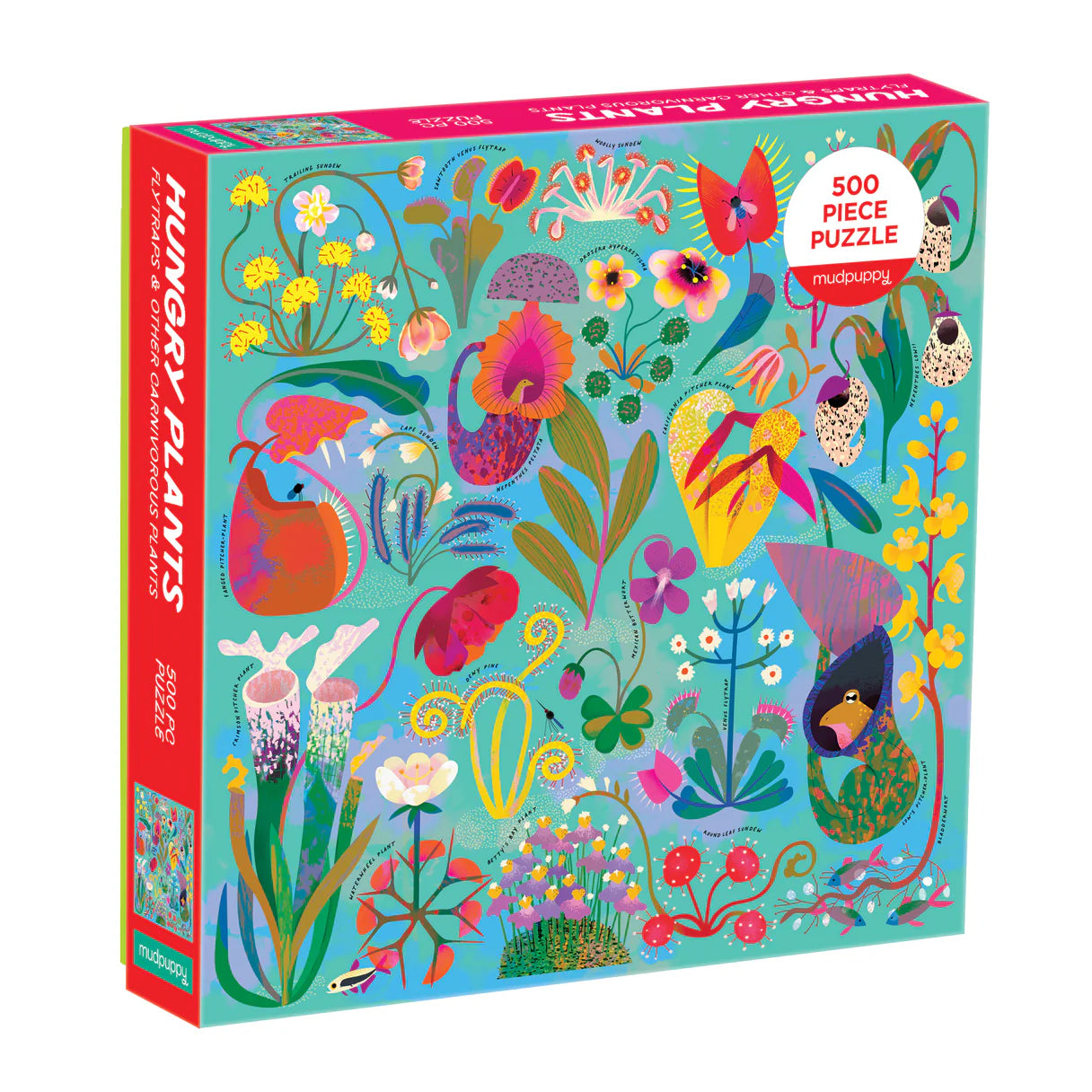 500-piece puzzle by Mudpuppy featuring colorful illustrated carnivorous plants like Venus flytraps and pitcher plants