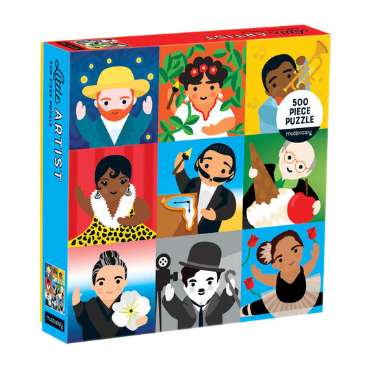 500-piece puzzle by Mudpuppy featuring cartoon illustrations of 9 famous artists and cultural icons like Van Gogh and Charlie Chaplin