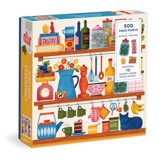 Galison 500-piece puzzle featuring illustrated kitchen shelves with 15 shaped jigsaw pieces like jars, tea, and cat food