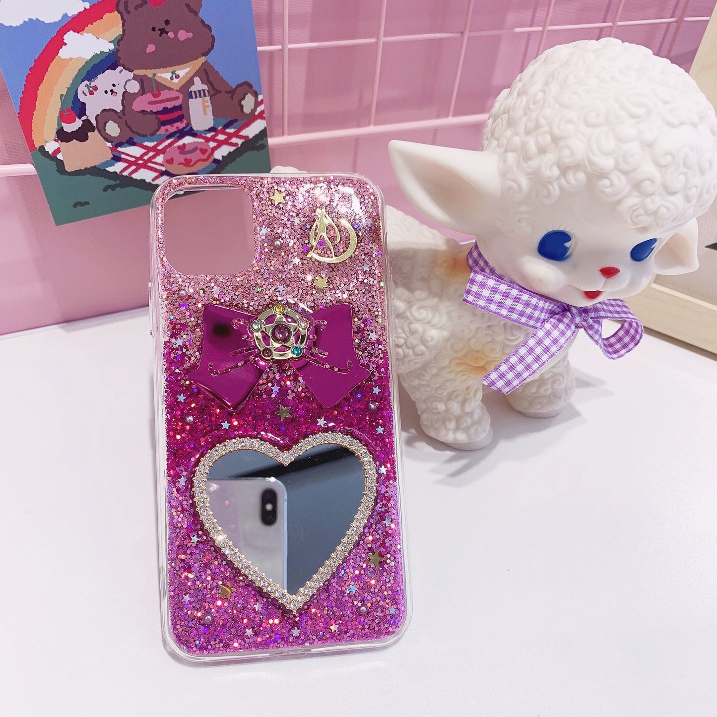 Handmade Sailor Moon Glitter Phone Case – Heart Mirror & Bow