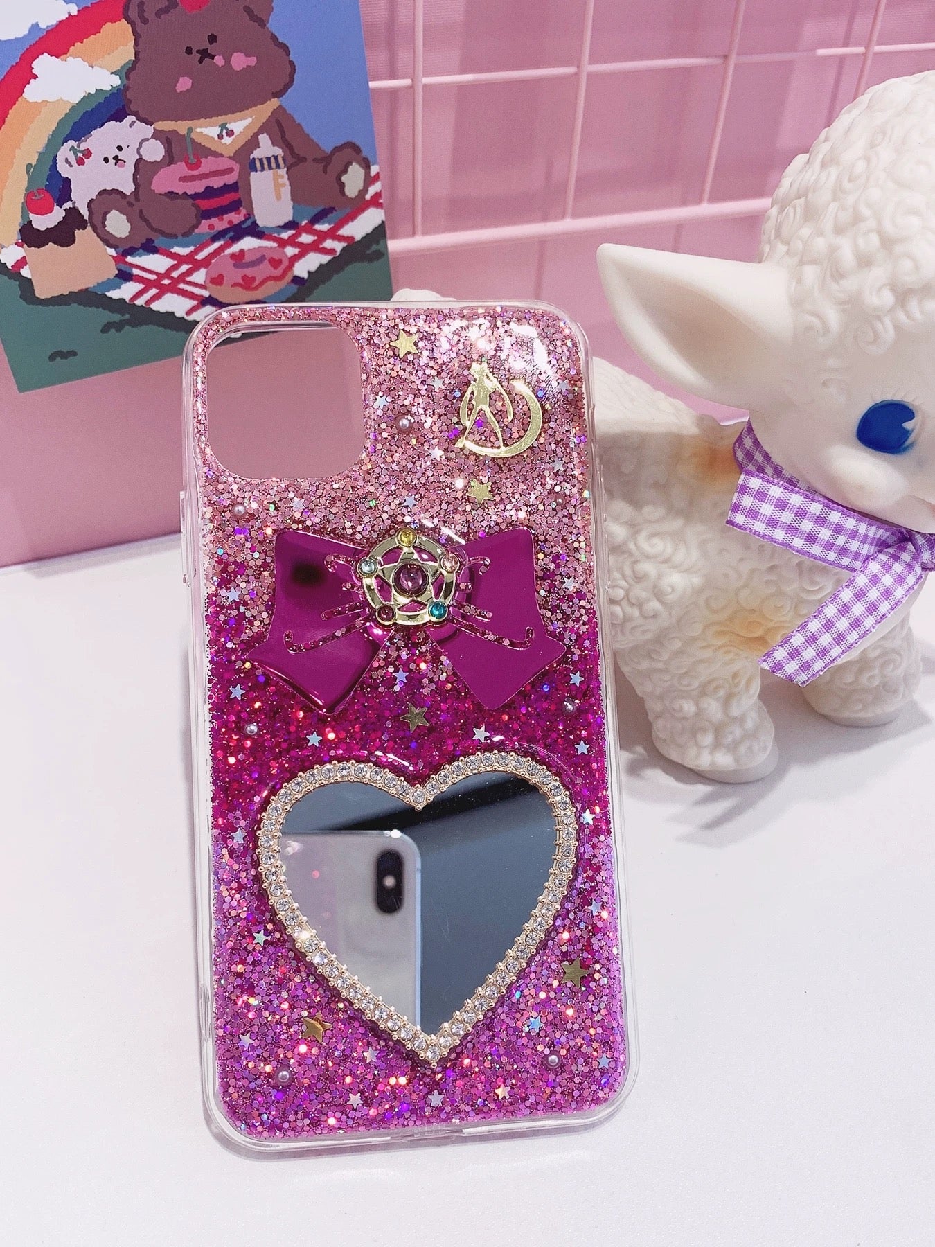 Handmade Sailor Moon Glitter Phone Case – Heart Mirror & Bow