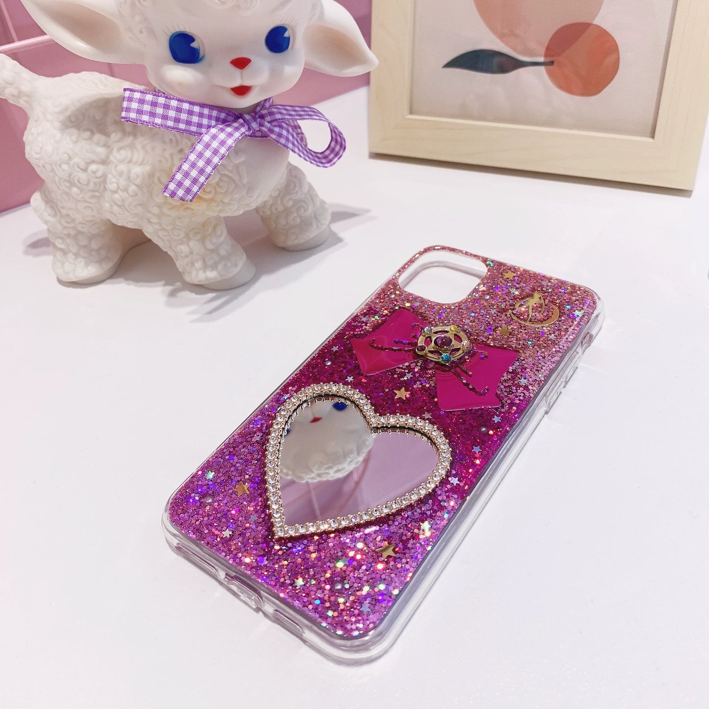 Handmade Sailor Moon Glitter Phone Case – Heart Mirror & Bow