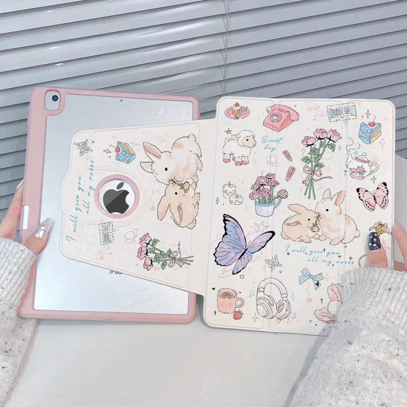 720° Rotating iPad Air Case – Cute Illustrated Tablet Cover with Pen Slot