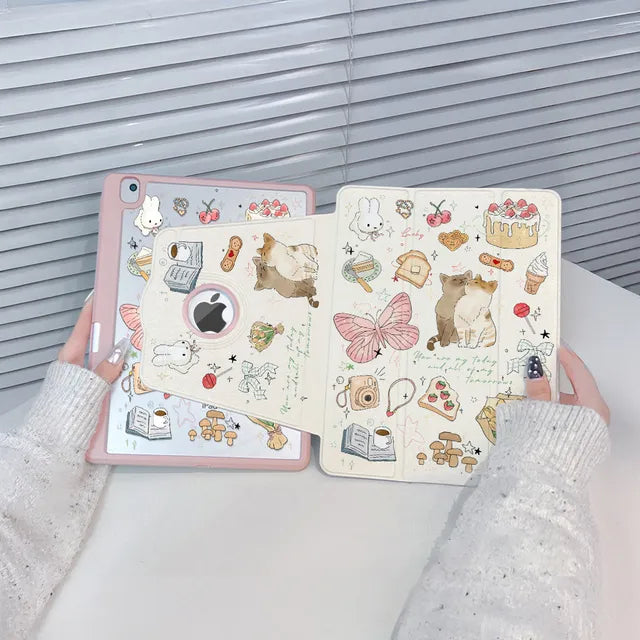 720° Rotating iPad Air Case – Cute Illustrated Tablet Cover with Pen Slot