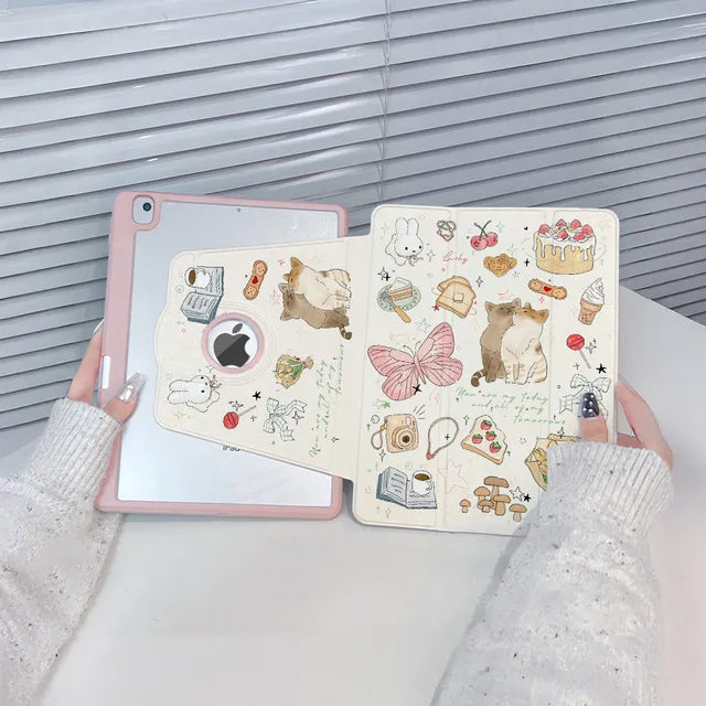 720° Rotating iPad Air Case – Cute Illustrated Tablet Cover with Pen Slot