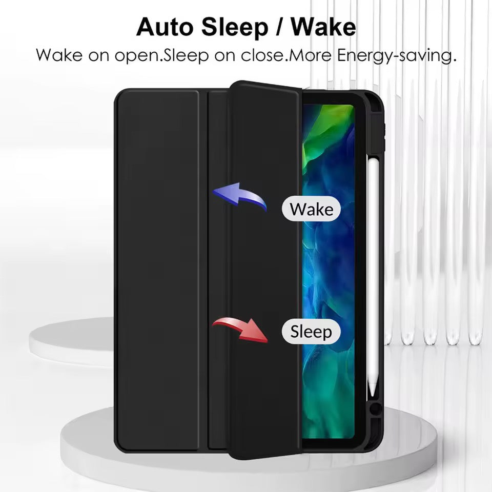 Clear Back iPad Case with Pencil Holder – Shockproof Tri-Fold Stand Cover