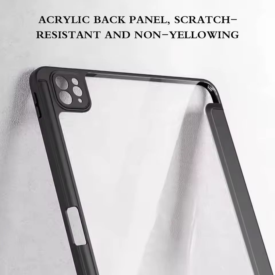 Clear Back iPad Case with Pencil Holder – Shockproof Tri-Fold Stand Cover