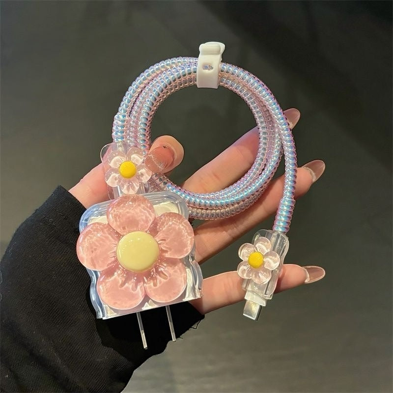 Cute Flower Charger Cover & Cable Protector Set – Kawaii Charging Accessories