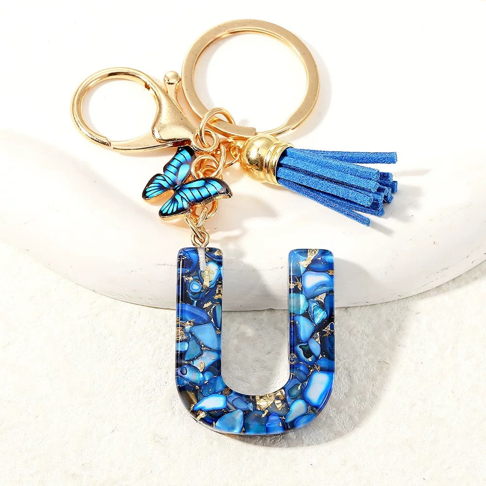 Blue Glitter Resin Initial Keychain – Butterfly & Tassel Charm