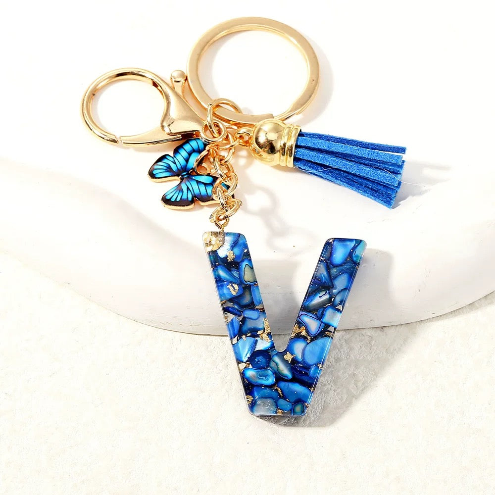 Blue Glitter Resin Initial Keychain – Butterfly & Tassel Charm