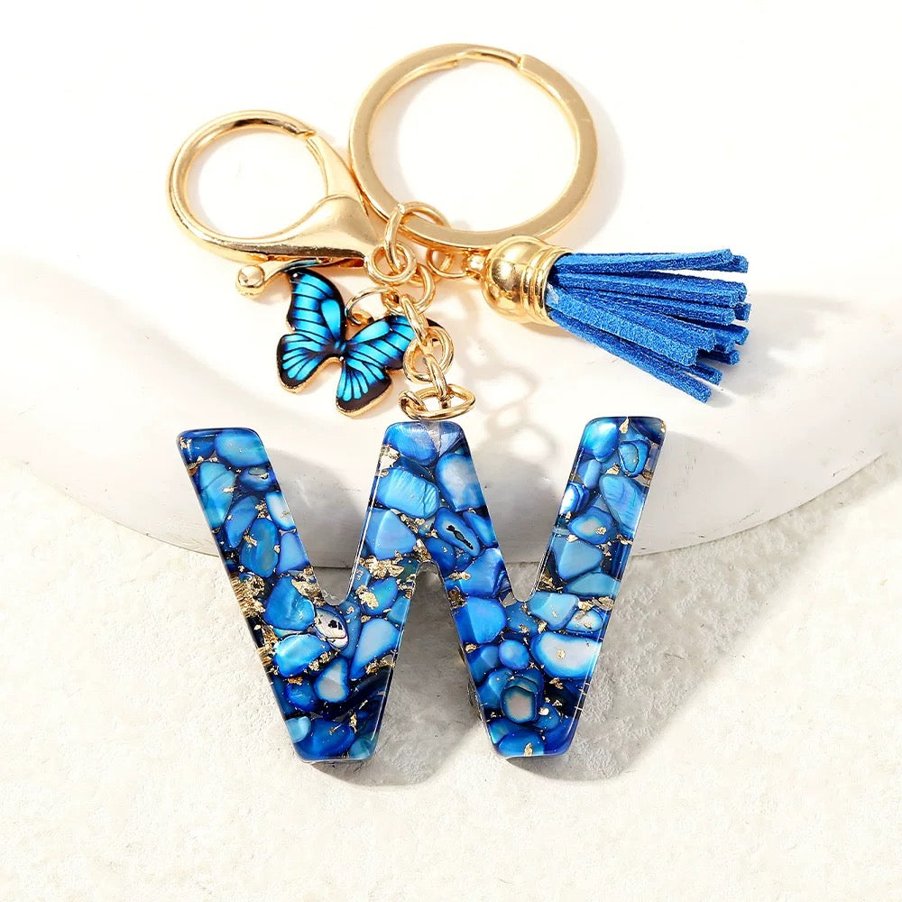 Blue Glitter Resin Initial Keychain – Butterfly & Tassel Charm