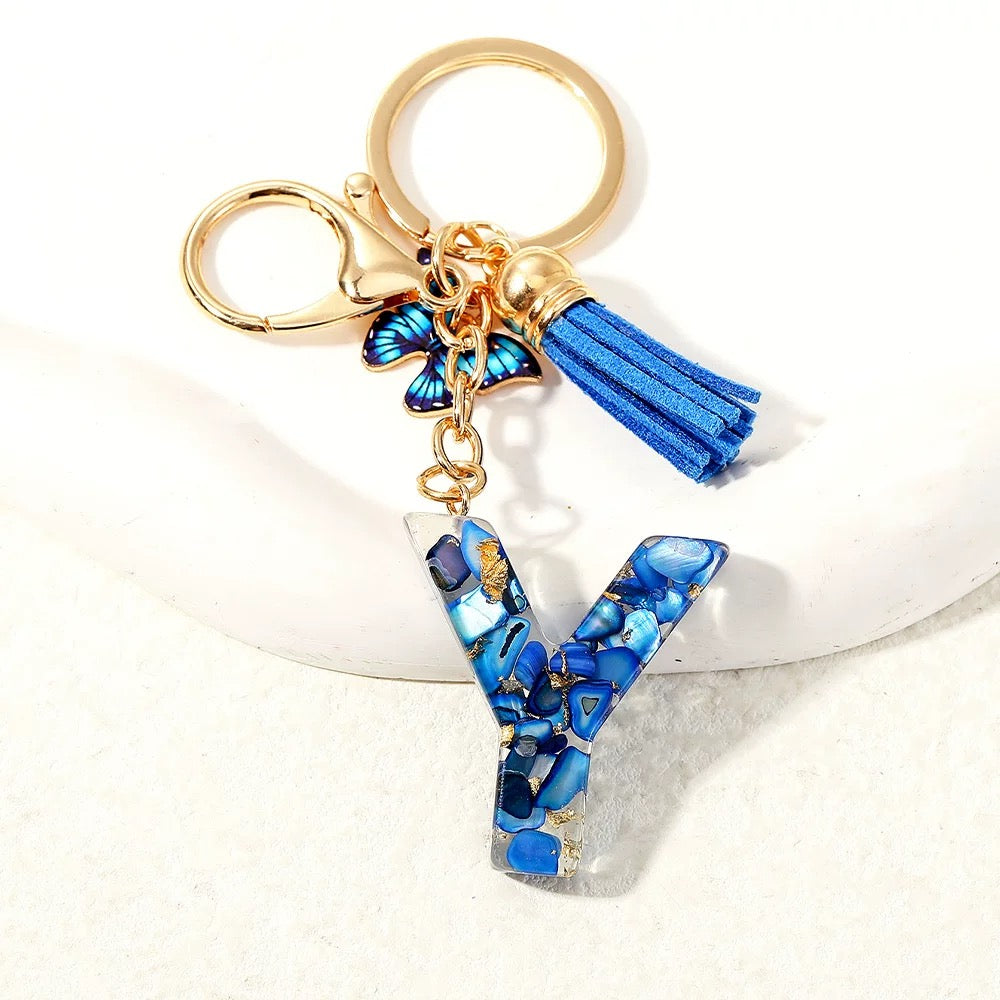 Blue Glitter Resin Initial Keychain – Butterfly & Tassel Charm