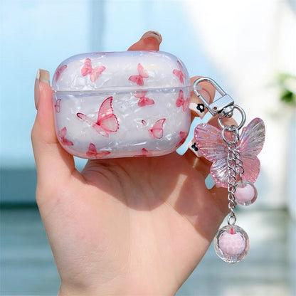 Pink Butterfly AirPods Case with Charm – Shell Pattern Cover