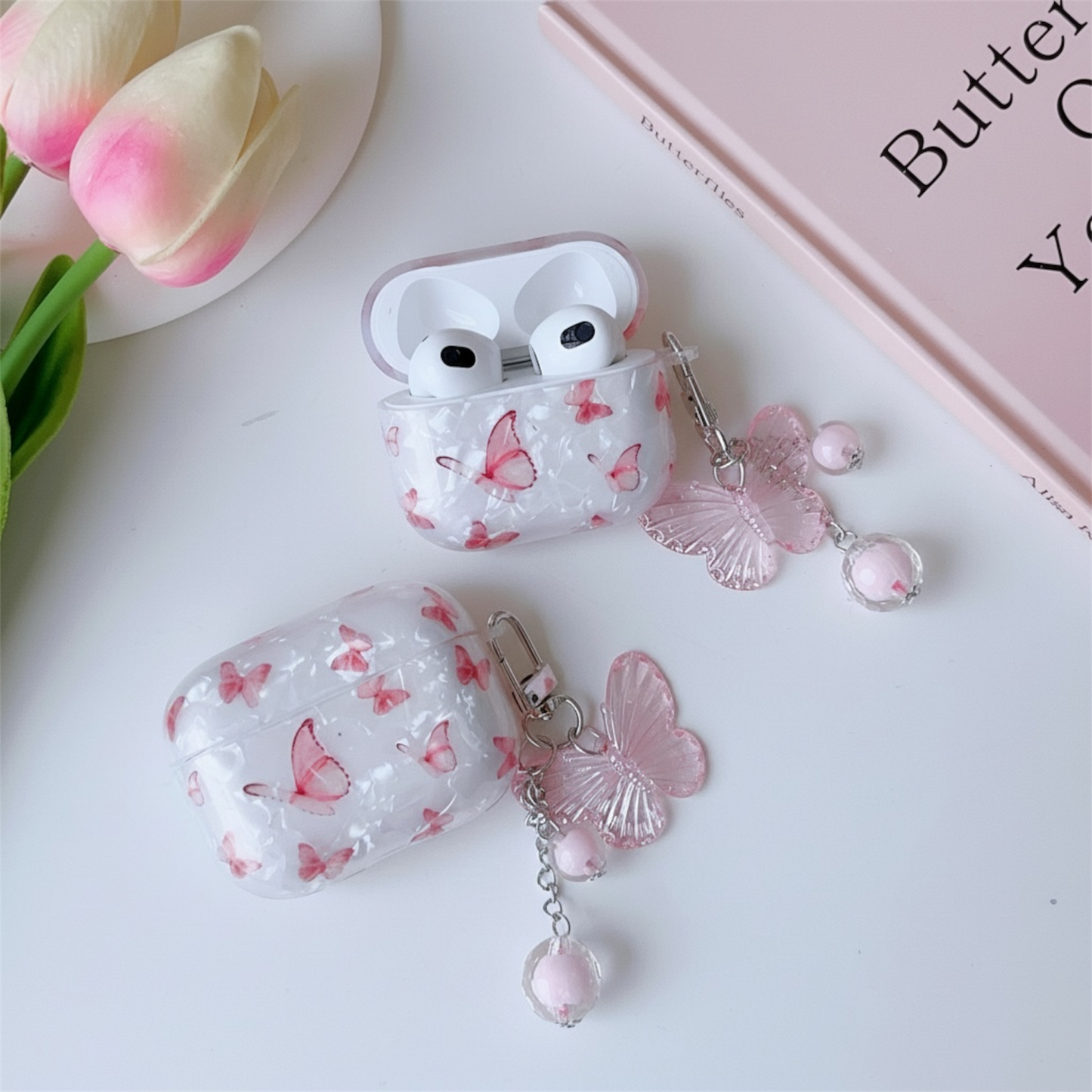 Pink Butterfly AirPods Case with Charm – Shell Pattern Cover