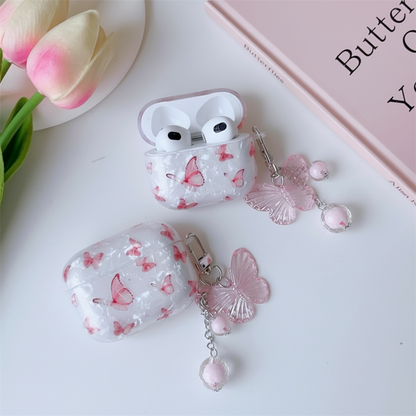 Pink Butterfly AirPods Case with Charm – Shell Pattern Cover