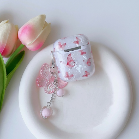 Pink Butterfly AirPods Case with Charm – Shell Pattern Cover