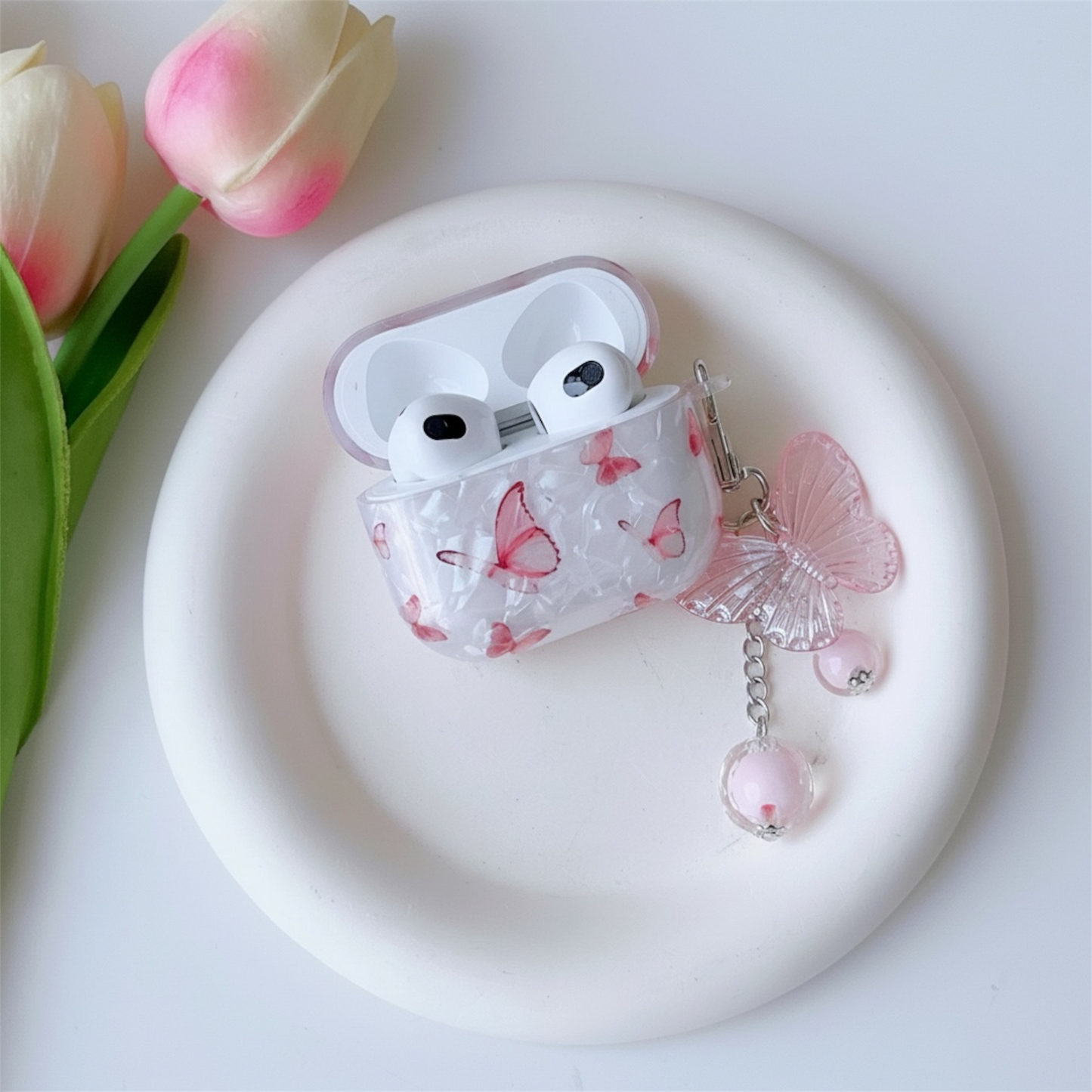 Pink Butterfly AirPods Case with Charm – Shell Pattern Cover