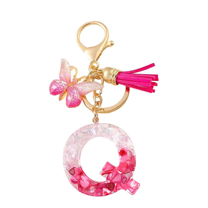 Hot Pink Glitter Resin Initial Keychain – Butterfly & Tassel Bag Charm