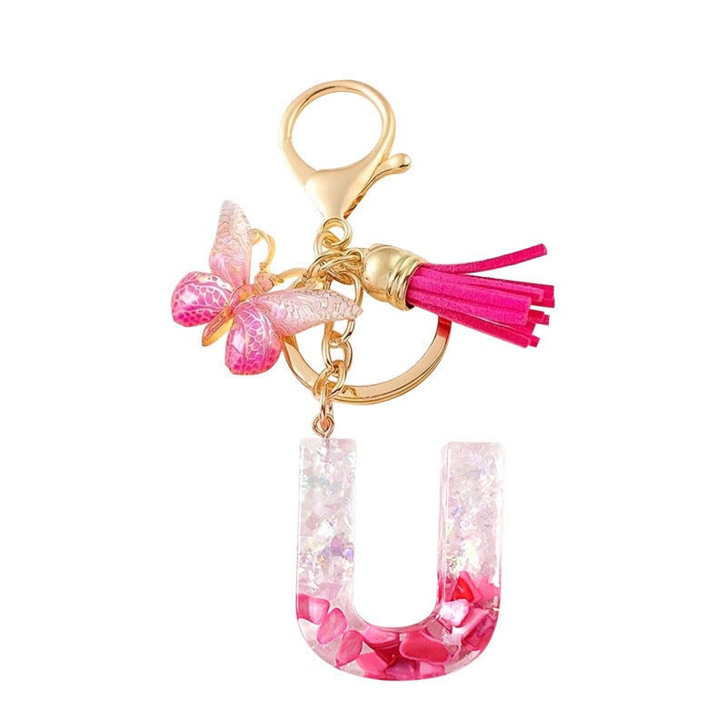 Hot Pink Glitter Resin Initial Keychain – Butterfly & Tassel Bag Charm