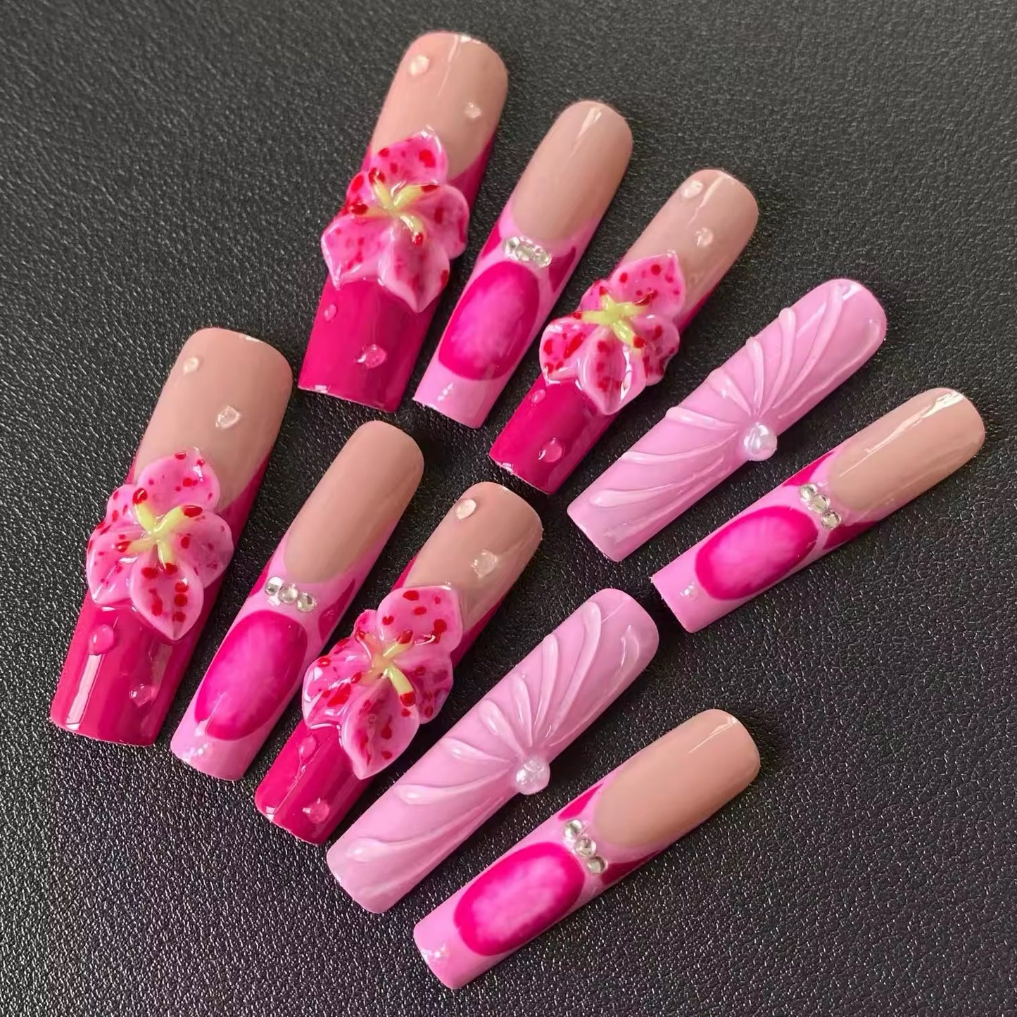 Pink Floral 3D Press-On Nail Set - Elegant Handcrafted Design