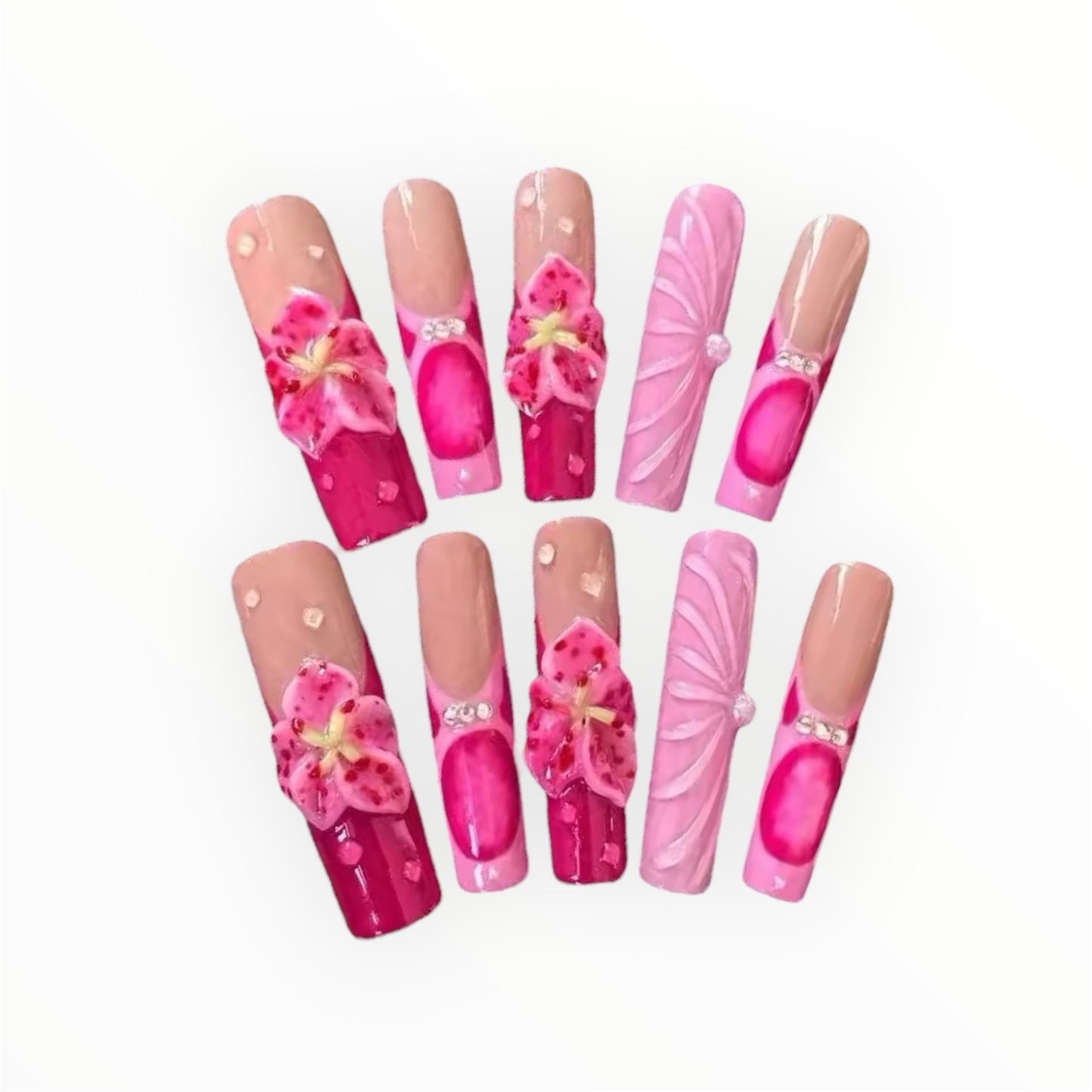 Pink Floral 3D Press-On Nail Set - Elegant Handcrafted Design