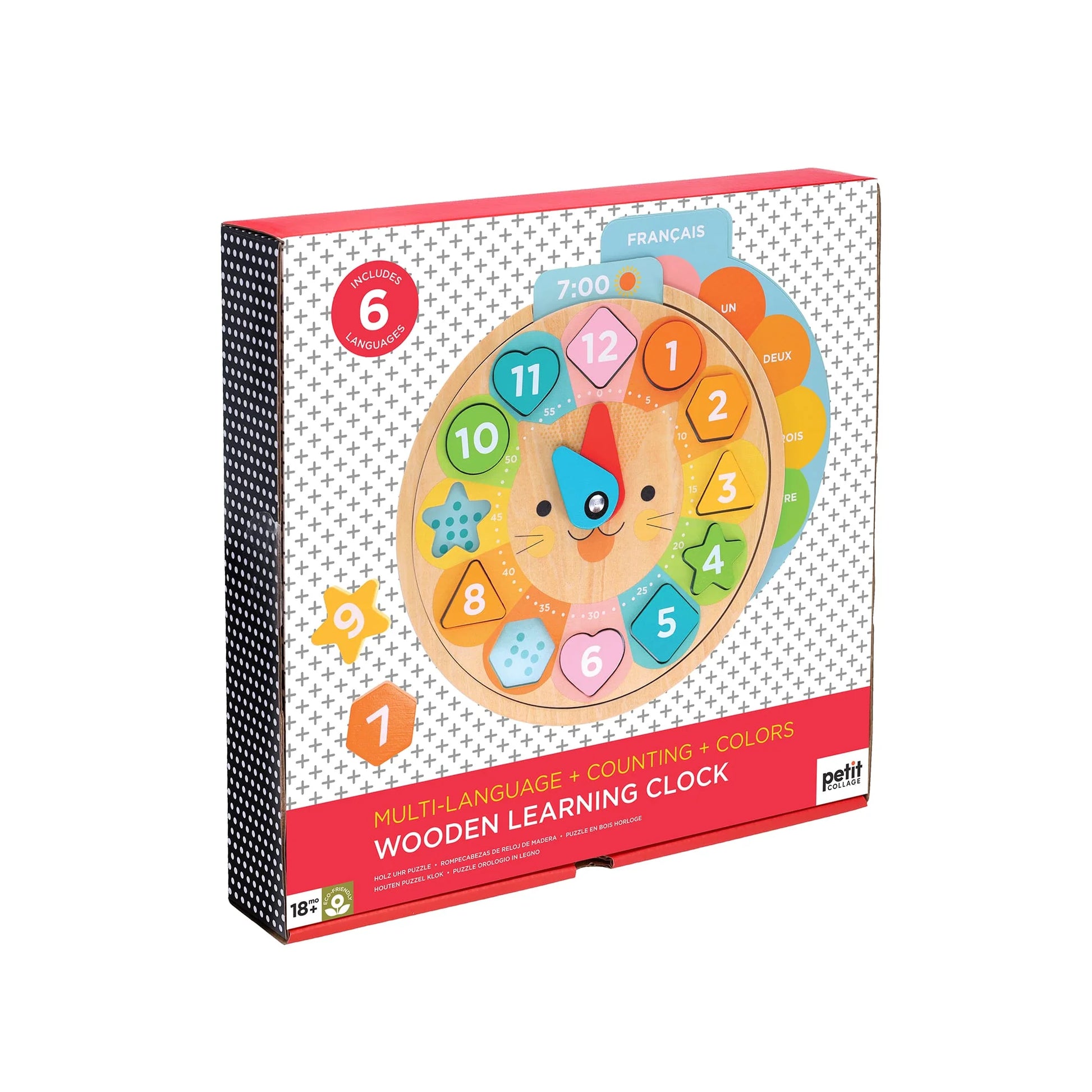 Multi-Language + Counting + Colors Wooden Learning Clock Petit Collage