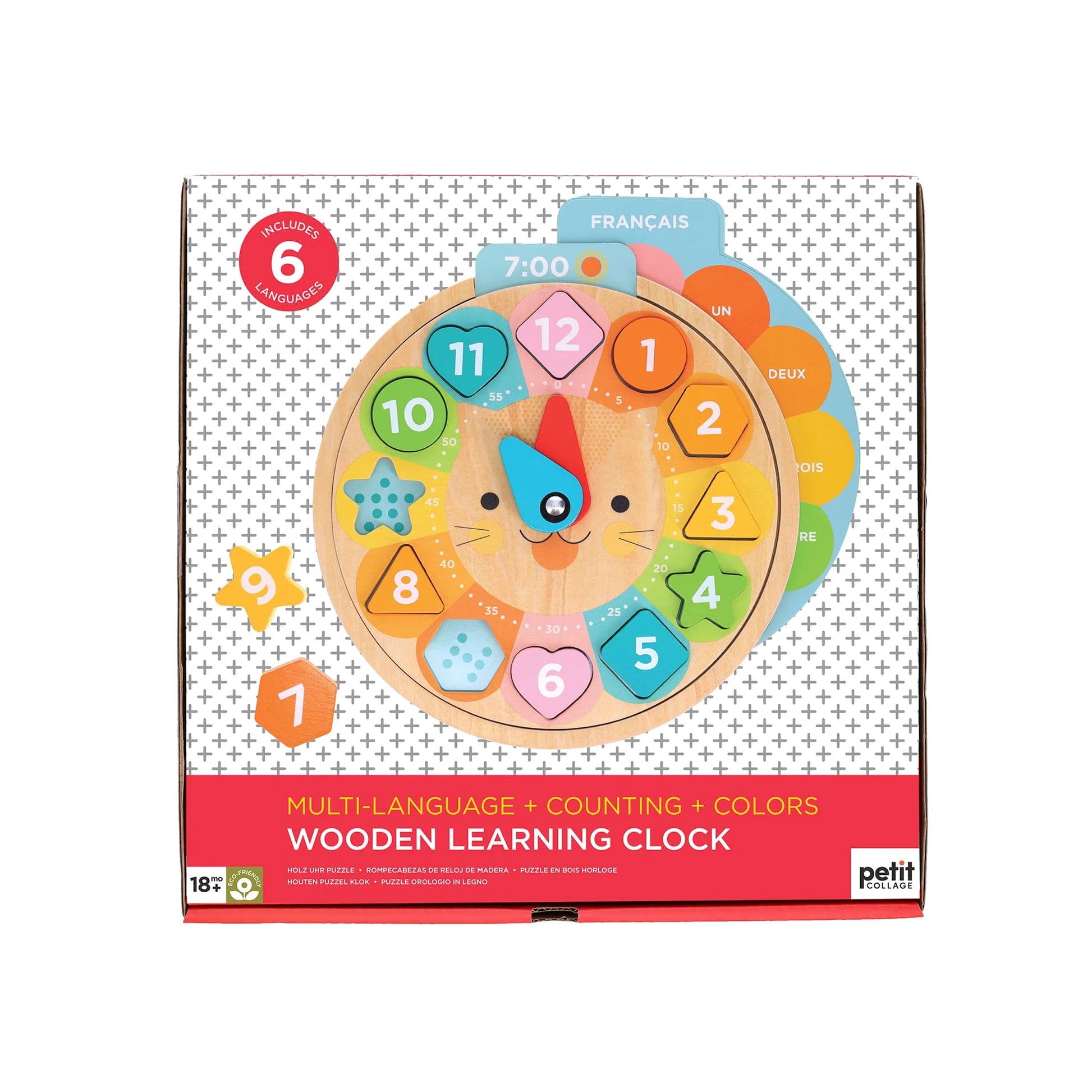 Multi-Language + Counting + Colors Wooden Learning Clock Petit Collage