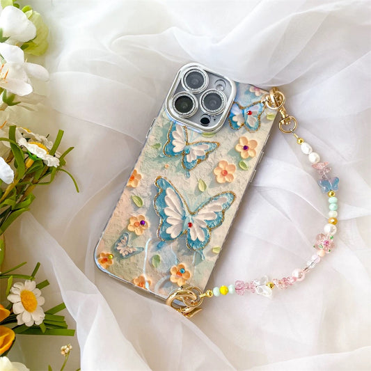 3D Butterfly iPhone Case with Beaded Strap – Whimsical & Girly Gift