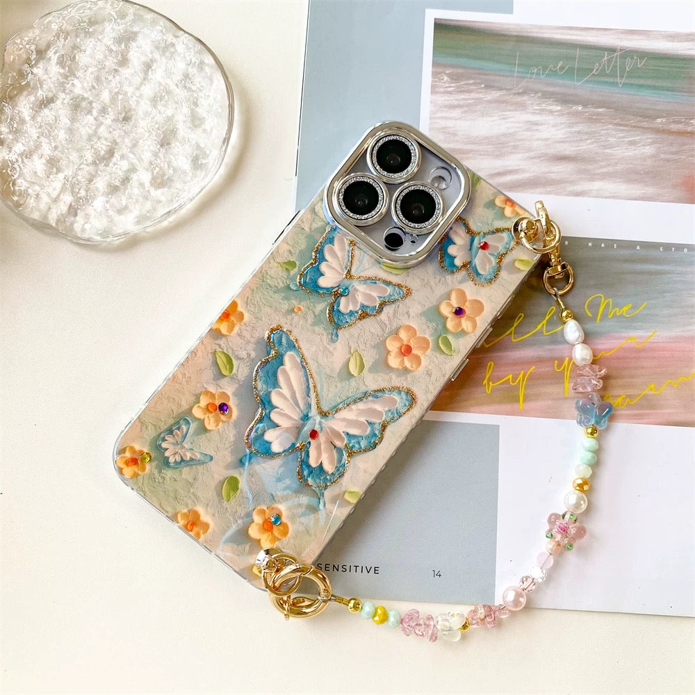 3D Butterfly iPhone Case with Beaded Strap – Whimsical & Girly Gift