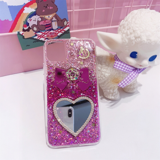 Handmade Sailor Moon Glitter Phone Case – Heart Mirror & Bow