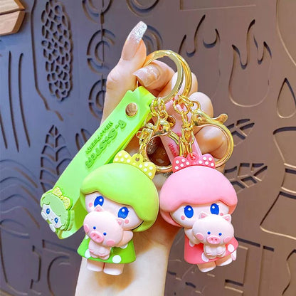 Kawaii Pig Girl Hugging Pig Keychain