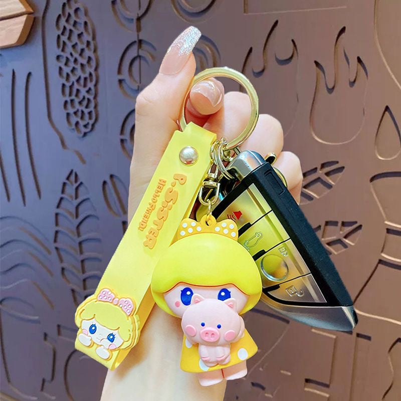 Kawaii Pig Girl Hugging Pig Keychain