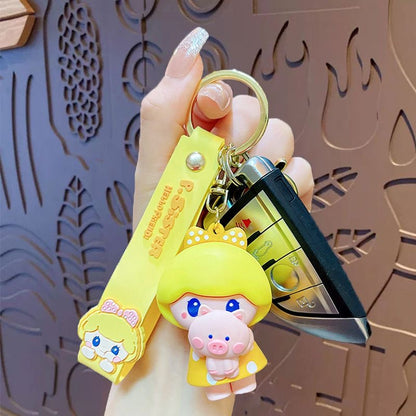 Kawaii Pig Girl Hugging Pig Keychain