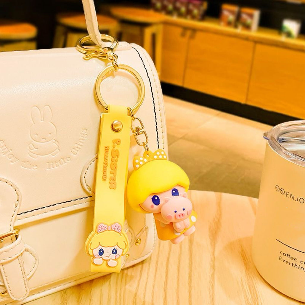 Kawaii Pig Girl Hugging Pig Keychain