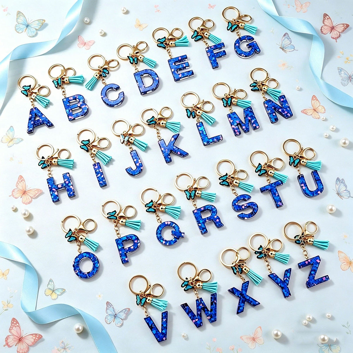 Blue Initial Letter Keychain with Butterfly & Tassel V Boutique Studio