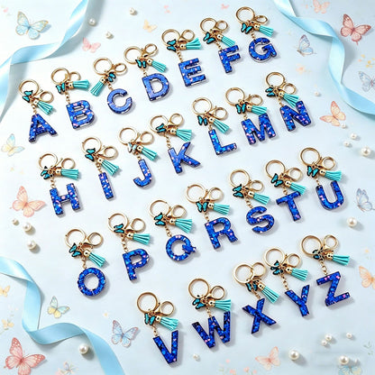 Blue Initial Letter Keychain with Butterfly & Tassel V Boutique Studio