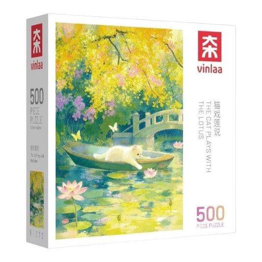 The Cat Plays with the Lotus 500 Piece Jigsaw Puzzle VINLAA