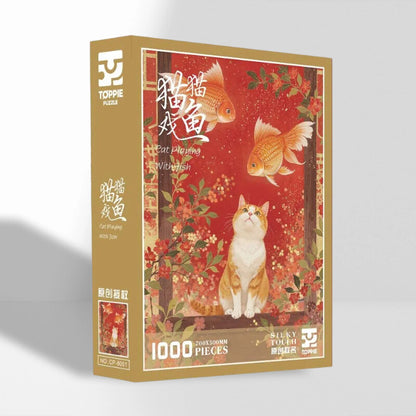Cat Playing with Goldfish 1000 Piece Puzzle Toppie