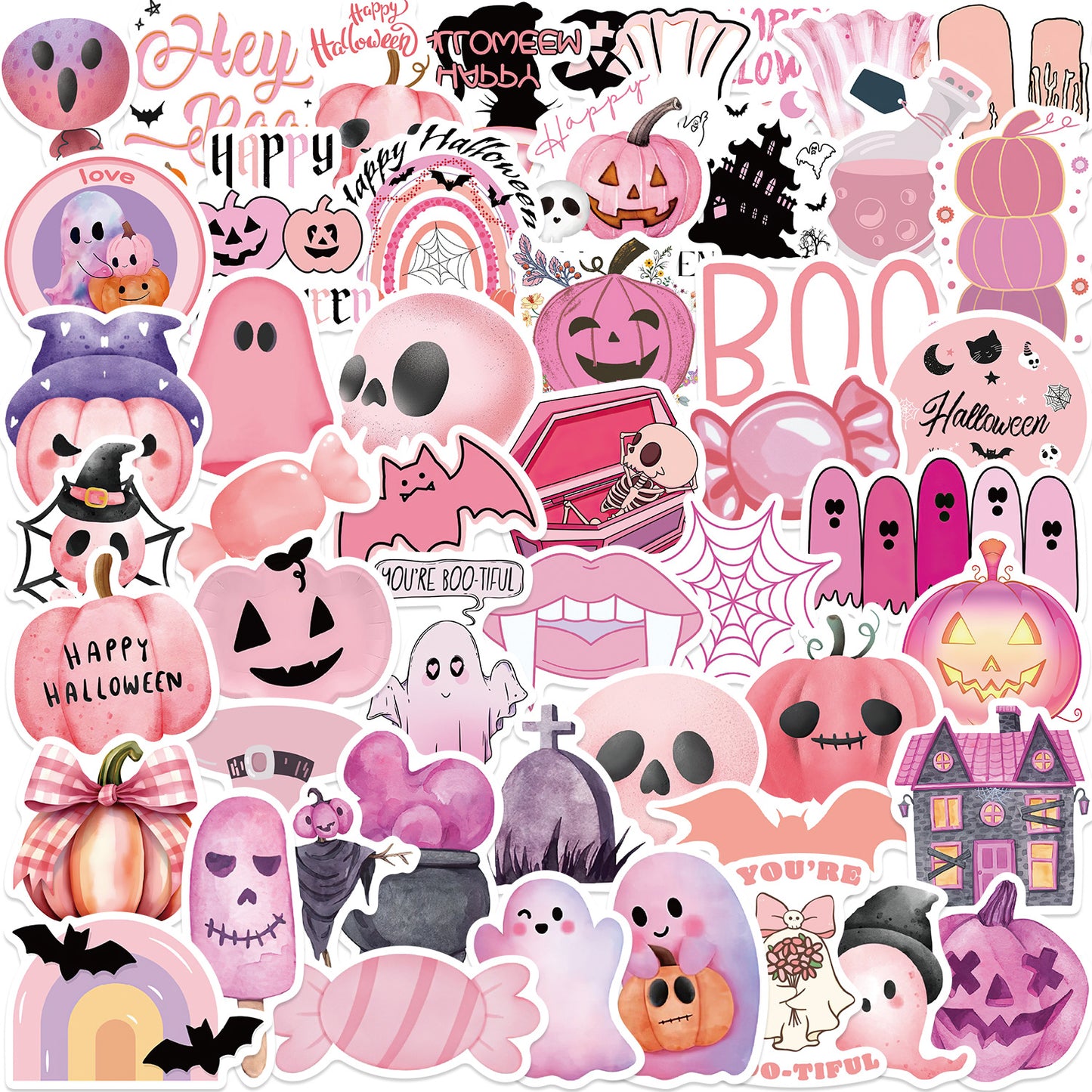 Kawaii Pink Halloween Ghost Skull Pumpkin Stickers - 50Pcs