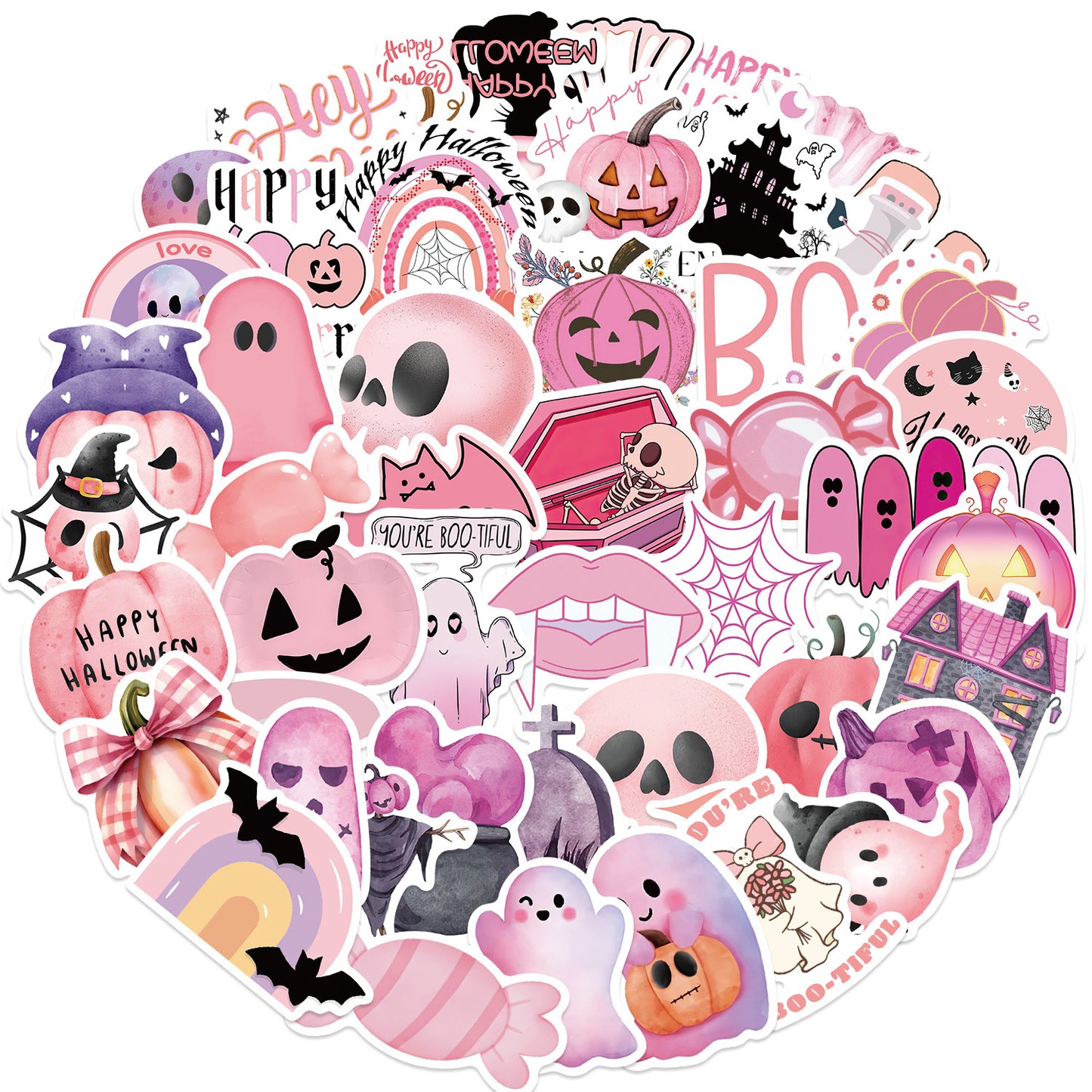 Kawaii Pink Halloween Ghost Skull Pumpkin Stickers - 50Pcs
